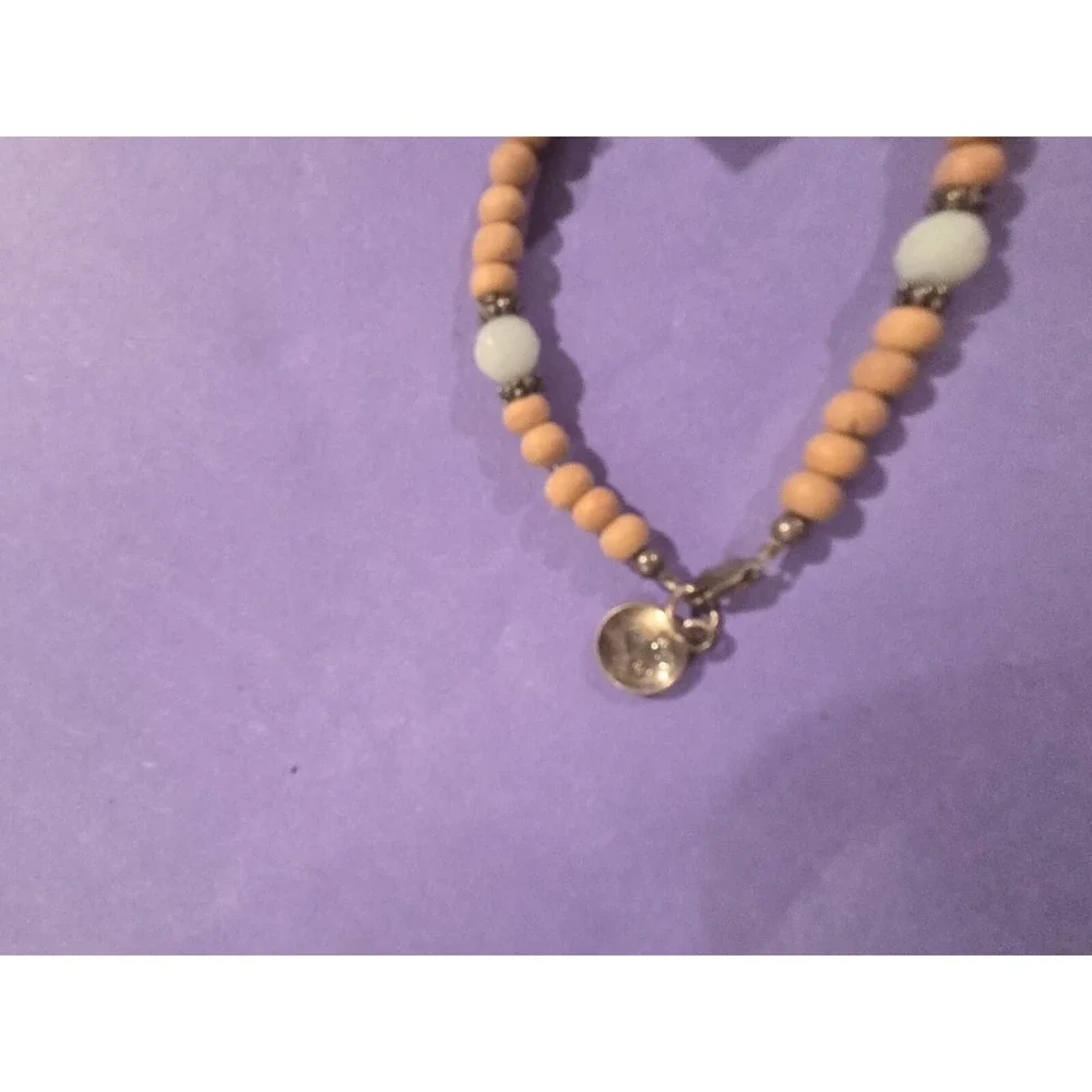 Flass And Stone Steeling Bracelet Beaded Wood Stone Steel Charm Blue Brown